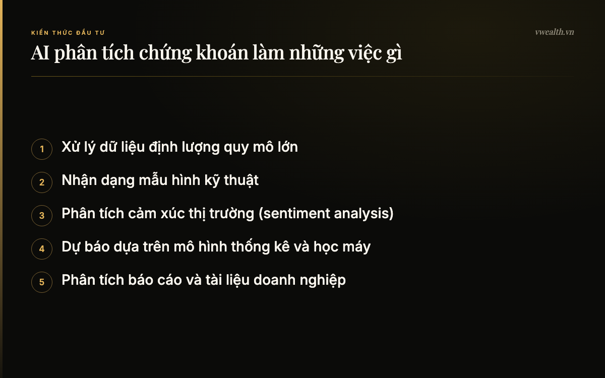 AI phân tích chứng khoán làm những việc gì: Xử lý dữ liệu định lượng quy mô…, Nhận dạng mẫu hình kỹ thuật, Phân tích cảm xúc thị trường…, Dự báo dựa trên mô hình thống kê…