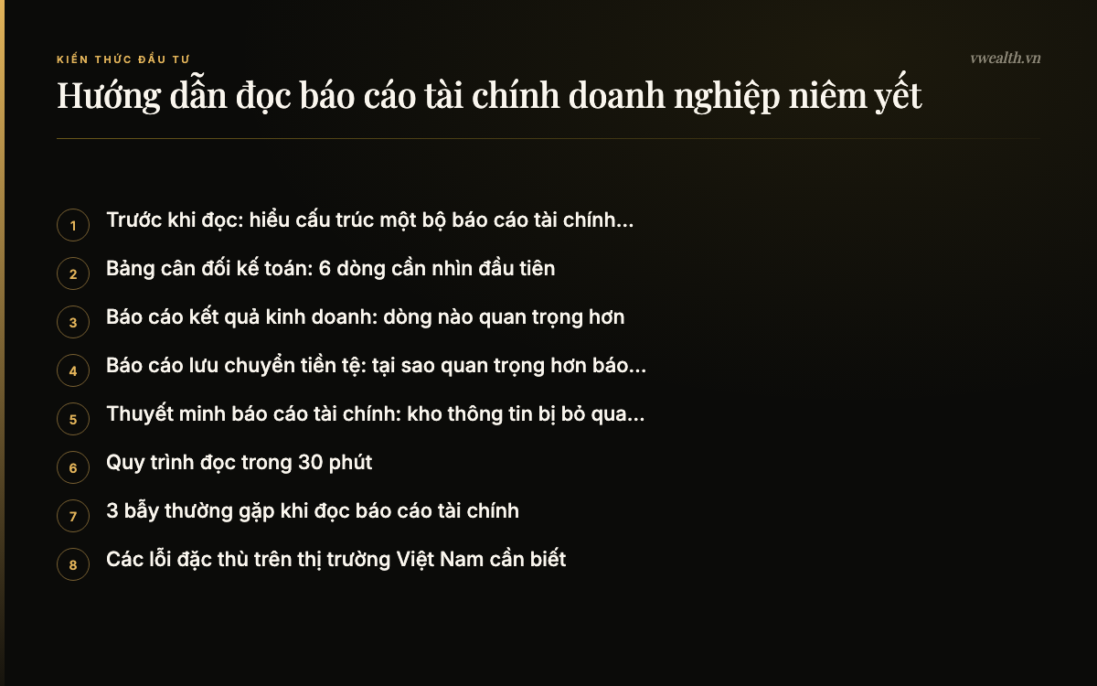Các phần chính của bài: Trước khi đọc: hiểu cấu trúc một bộ báo…, Bảng cân đối kế toán: 6 dòng cần nhìn…, Báo cáo kết quả kinh doanh: dòng nào…, Báo cáo lưu chuyển tiền tệ: tại sao…