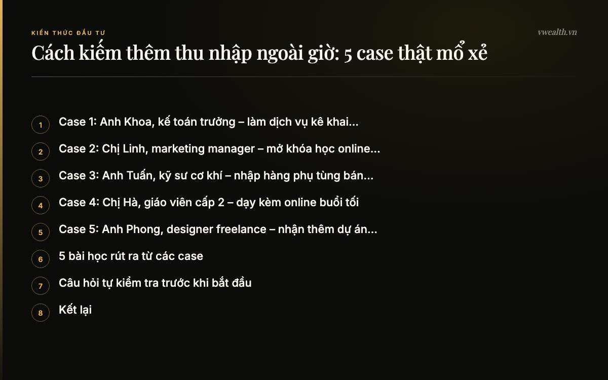 Các phần chính của bài: Case 1: Anh Khoa, kế toán trưởng – làm…, Case 2: Chị Linh, marketing manager…, Case 3: Anh Tuấn, kỹ sư cơ khí – nhập…, Case 4: Chị Hà, giáo viên cấp 2 – dạy…