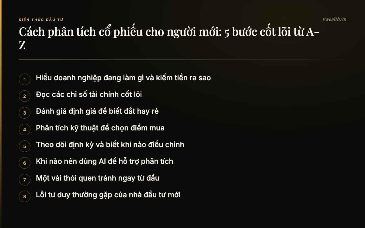 Các phần chính của bài: Bước 1: Hiểu doanh nghiệp đang làm gì…, Bước 2: Đọc các chỉ số tài chính cốt lõi, Bước 3: Đánh giá định giá để biết đắt…, Bước 4: Phân tích kỹ thuật để chọn điểm…