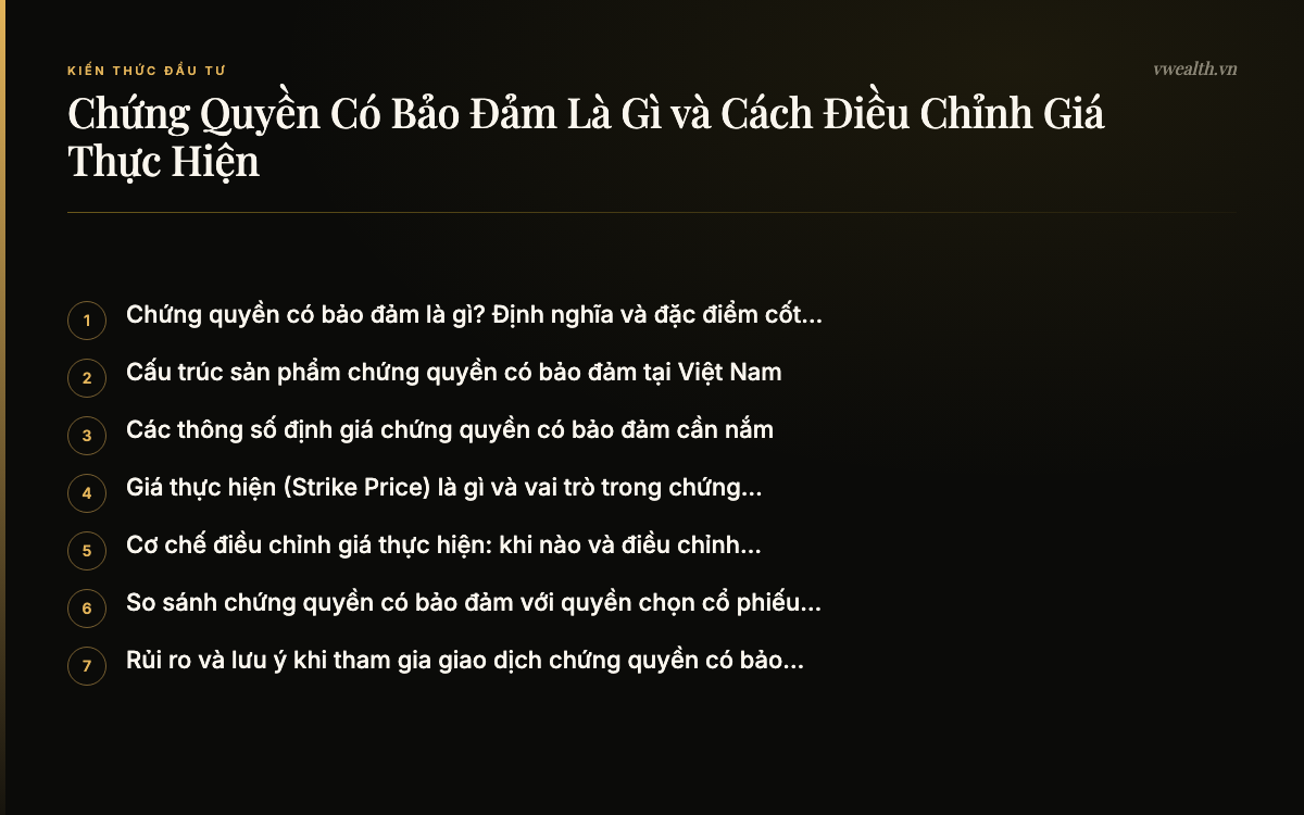 Các phần chính của bài: Chứng quyền có bảo đảm là gì? Định…, Cấu trúc sản phẩm chứng quyền có bảo…, Các thông số định giá chứng quyền có…, Giá thực hiện (Strike Price) là gì và…
