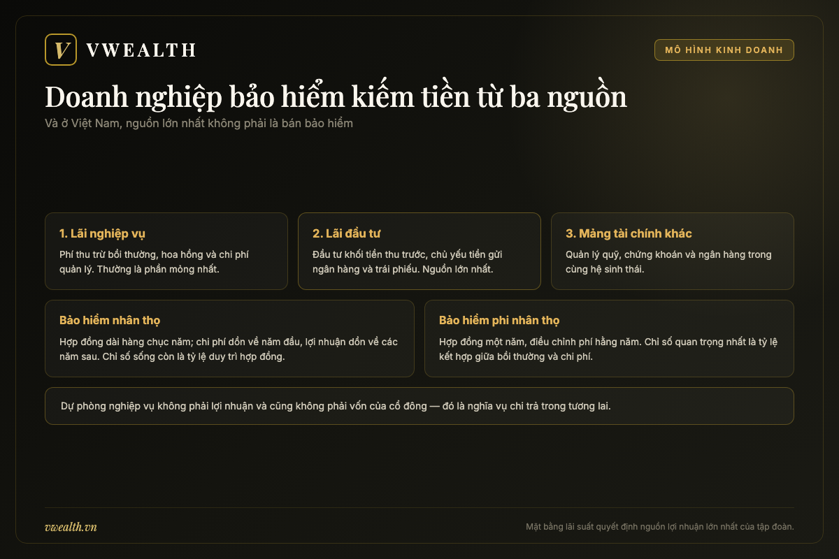 Sơ đồ ba nguồn lợi nhuận của một doanh nghiệp bảo hiểm và hai mảng nhân thọ, phi nhân thọ