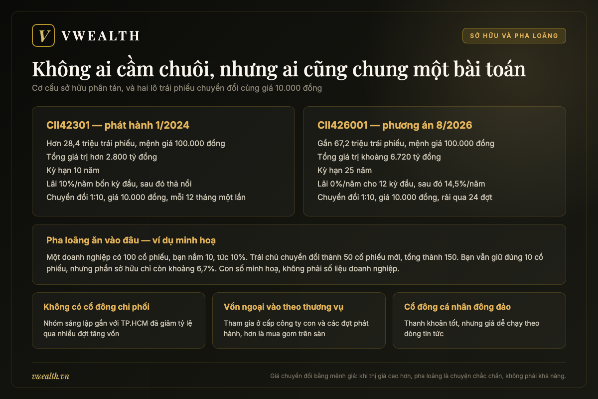 Sơ đồ cơ cấu sở hữu CII và cơ chế pha loãng từ hai lô trái phiếu chuyển đổi CII42301 và CII426001
