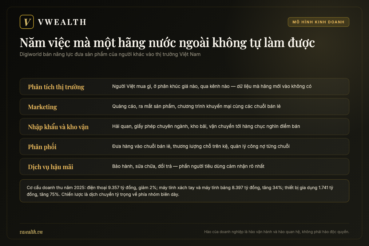 Sơ đồ năm dịch vụ phát triển thị trường của Digiworld gồm phân tích thị trường, marketing, kho vận, phân phối và hậu mãi