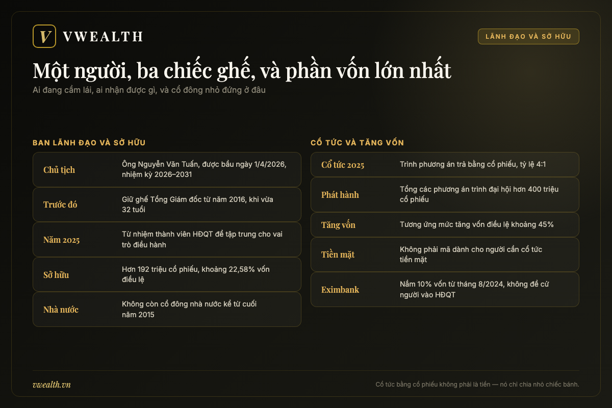 Sơ đồ ban lãnh đạo và cơ cấu sở hữu cổ phiếu GEX gồm chủ tịch, cổ đông cá nhân lớn nhất, chính sách cổ tức bằng cổ phiếu và các khoản đầu tư tài chính