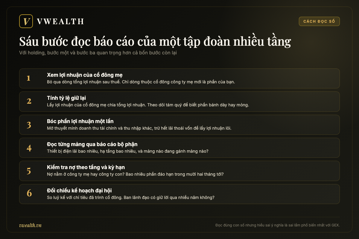 Sơ đồ sáu bước đọc báo cáo tài chính hợp nhất của một tập đoàn holding nhiều tầng như Gelex