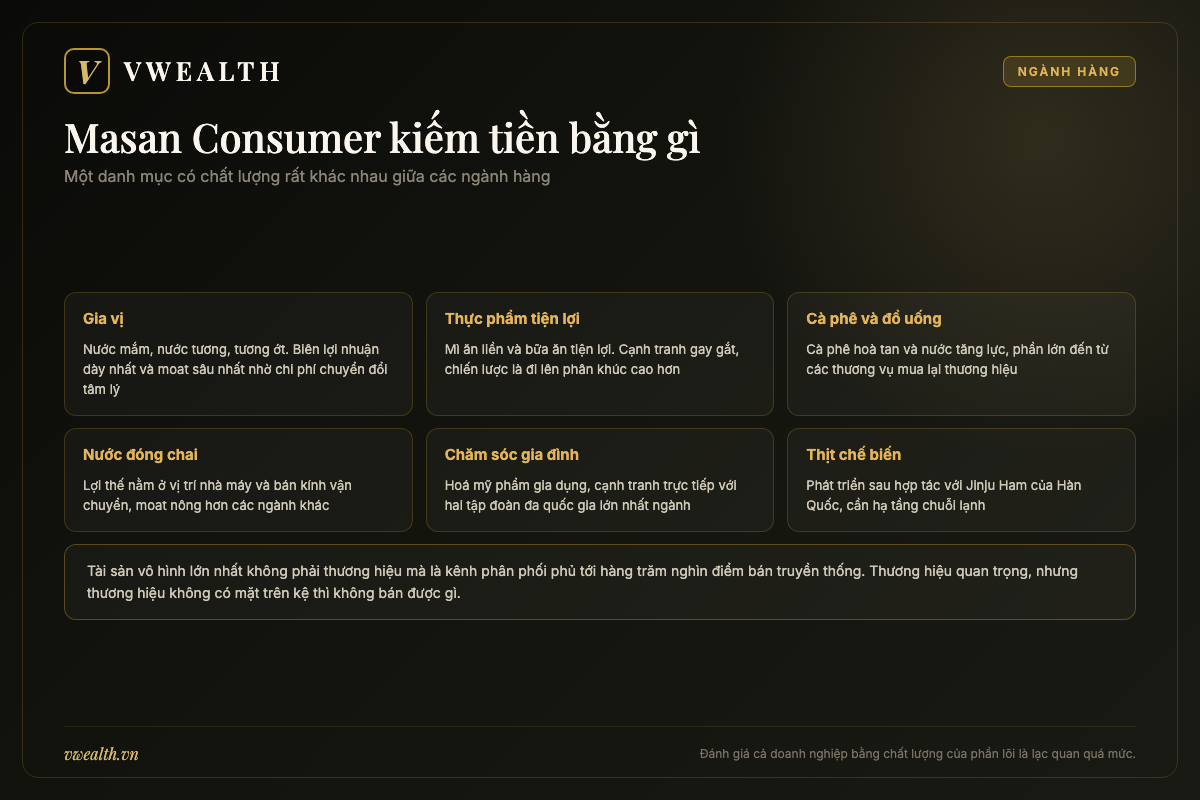 Sơ đồ các ngành hàng của Masan Consumer gồm gia vị, thực phẩm tiện lợi, cà phê, nước đóng chai và chăm sóc gia đình