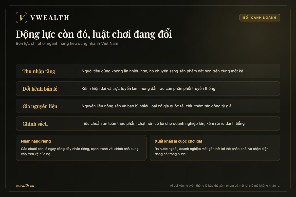 Bản đồ bốn lực chi phối ngành hàng tiêu dùng nhanh Việt Nam gồm thu nhập, đổi kênh bán lẻ, giá nguyên liệu và chính sách