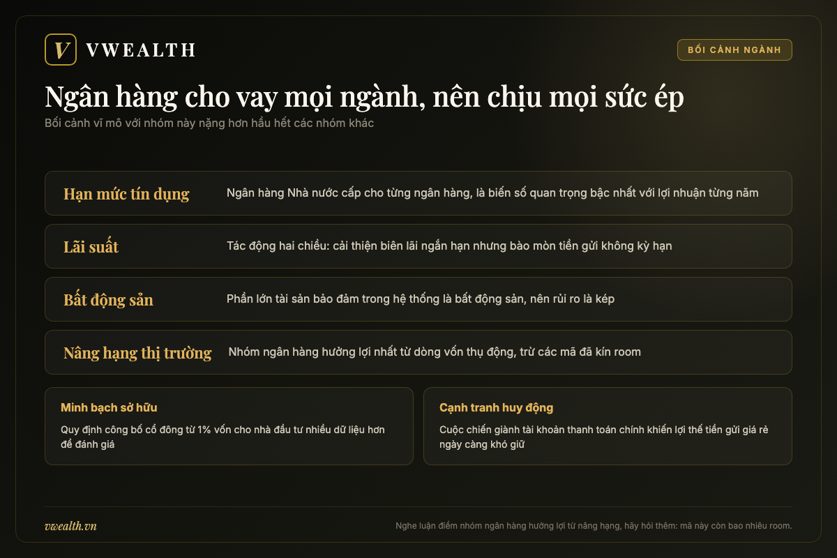 Bản đồ các yếu tố chi phối ngành ngân hàng Việt Nam gồm hạn mức tín dụng, lãi suất, bất động sản và nâng hạng