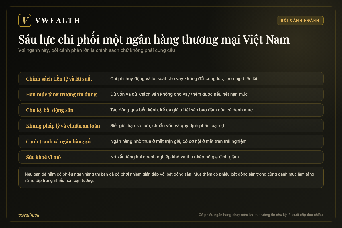 Bản đồ sáu yếu tố chi phối một ngân hàng thương mại Việt Nam gồm lãi suất, hạn mức tín dụng, bất động sản và khung pháp lý