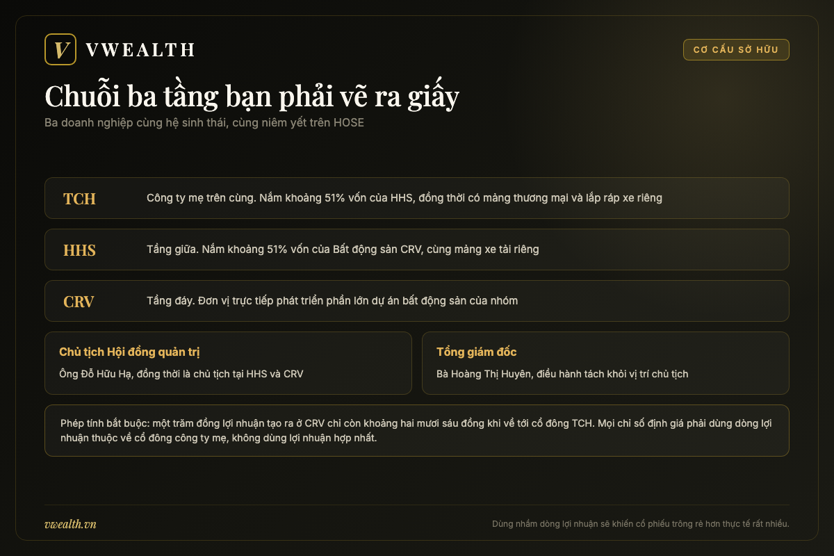 Sơ đồ chuỗi sở hữu ba tầng của nhóm Hoàng Huy gồm TCH, HHS và Bất động sản CRV cùng ban lãnh đạo