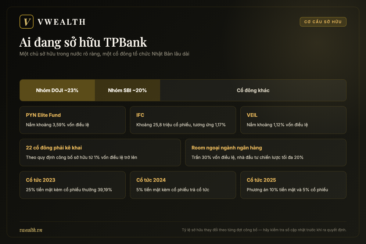 Sơ đồ cơ cấu sở hữu TPBank với nhóm DOJI, nhóm SBI, room ngoại và lịch sử chia cổ tức