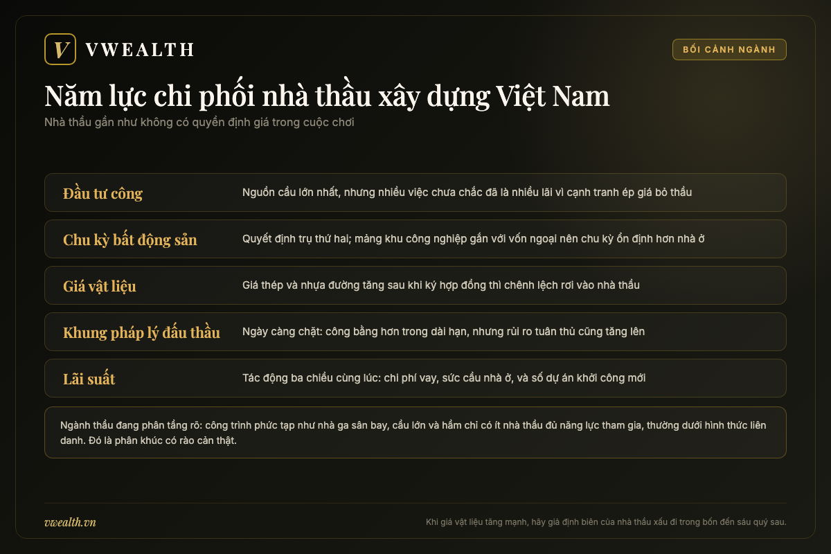Bản đồ các yếu tố chi phối nhà thầu xây dựng Việt Nam gồm đầu tư công, chu kỳ bất động sản, giá vật liệu và khung pháp lý đấu thầu
