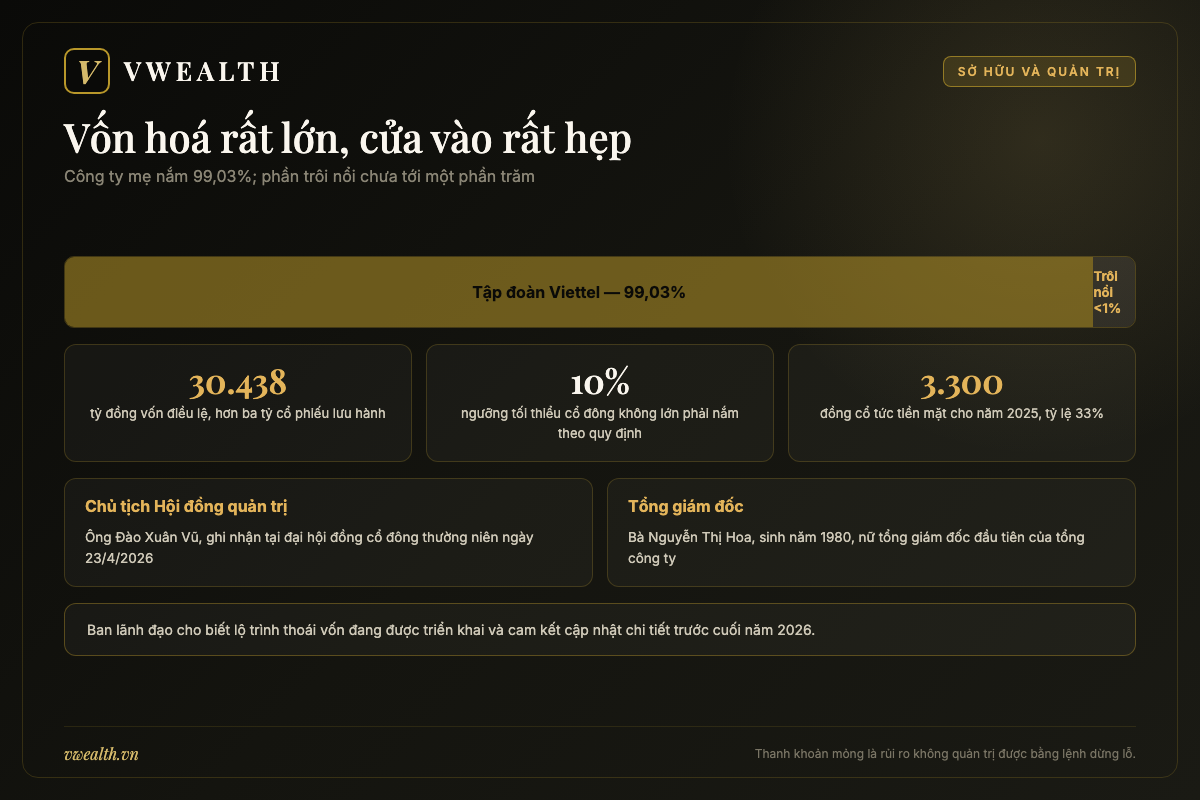 Sơ đồ cơ cấu sở hữu Viettel Global với tập đoàn mẹ nắm 99,03% và phần trôi nổi dưới một phần trăm