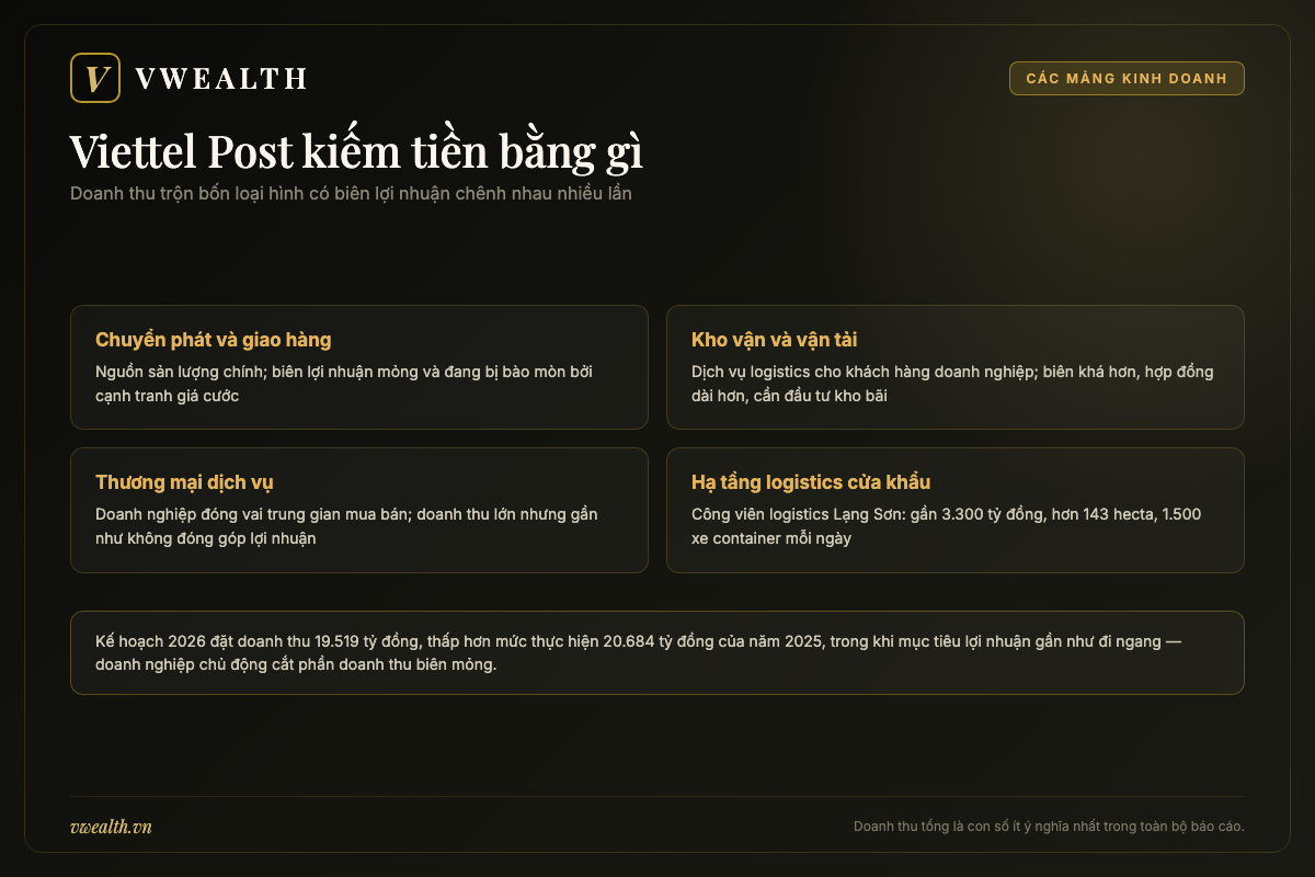 Sơ đồ các mảng kinh doanh của Viettel Post gồm chuyển phát, kho vận, thương mại và hạ tầng logistics cửa khẩu