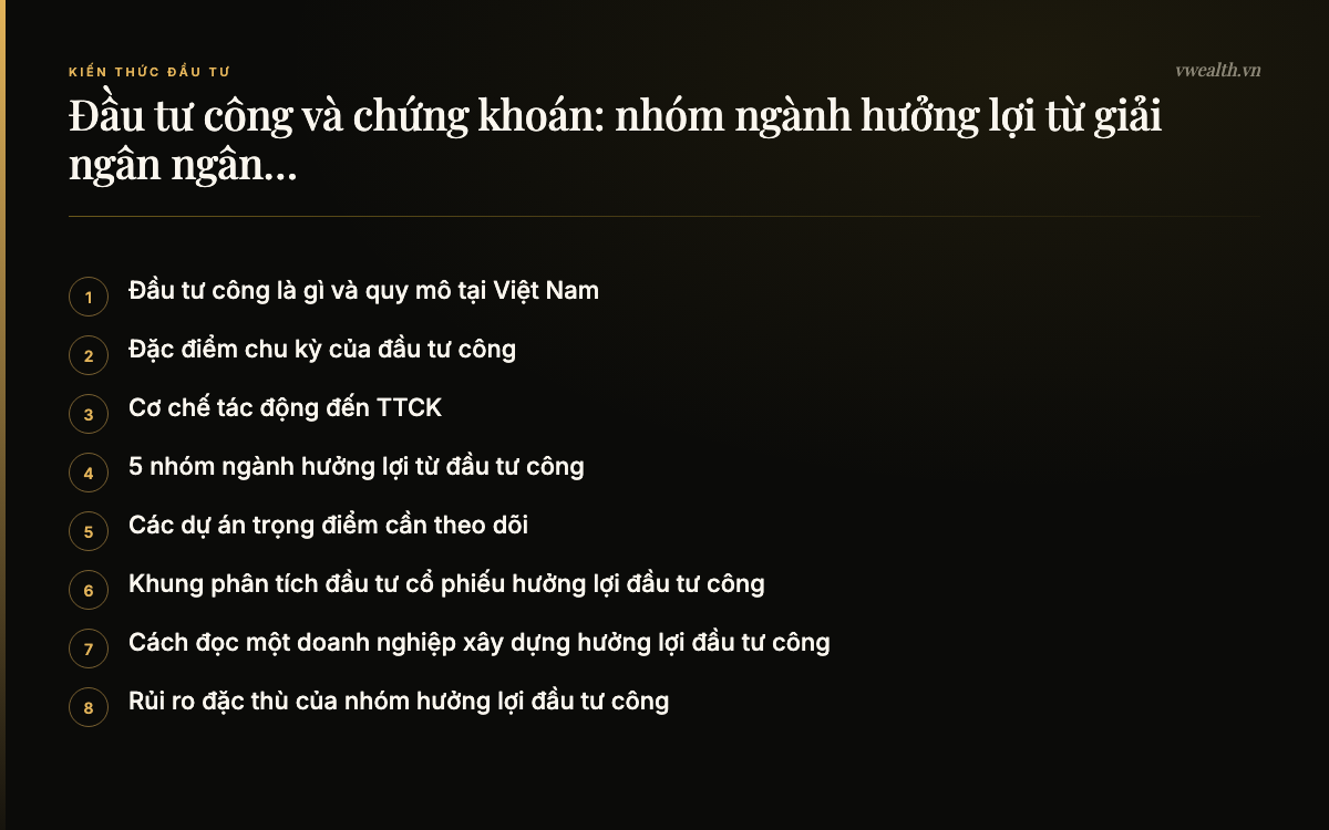 Các phần chính của bài: Đầu tư công là gì và quy mô tại Việt Nam, Đặc điểm chu kỳ của đầu tư công, Cơ chế tác động đến TTCK, 5 nhóm ngành hưởng lợi từ đầu tư công