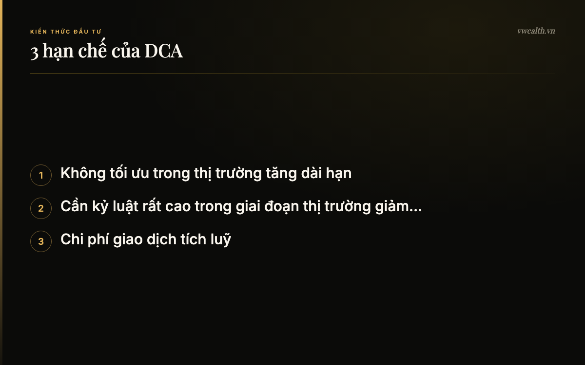 3 hạn chế của DCA: Không tối ưu trong thị trường…, Cần kỷ luật rất cao trong giai…, Chi phí giao dịch tích luỹ