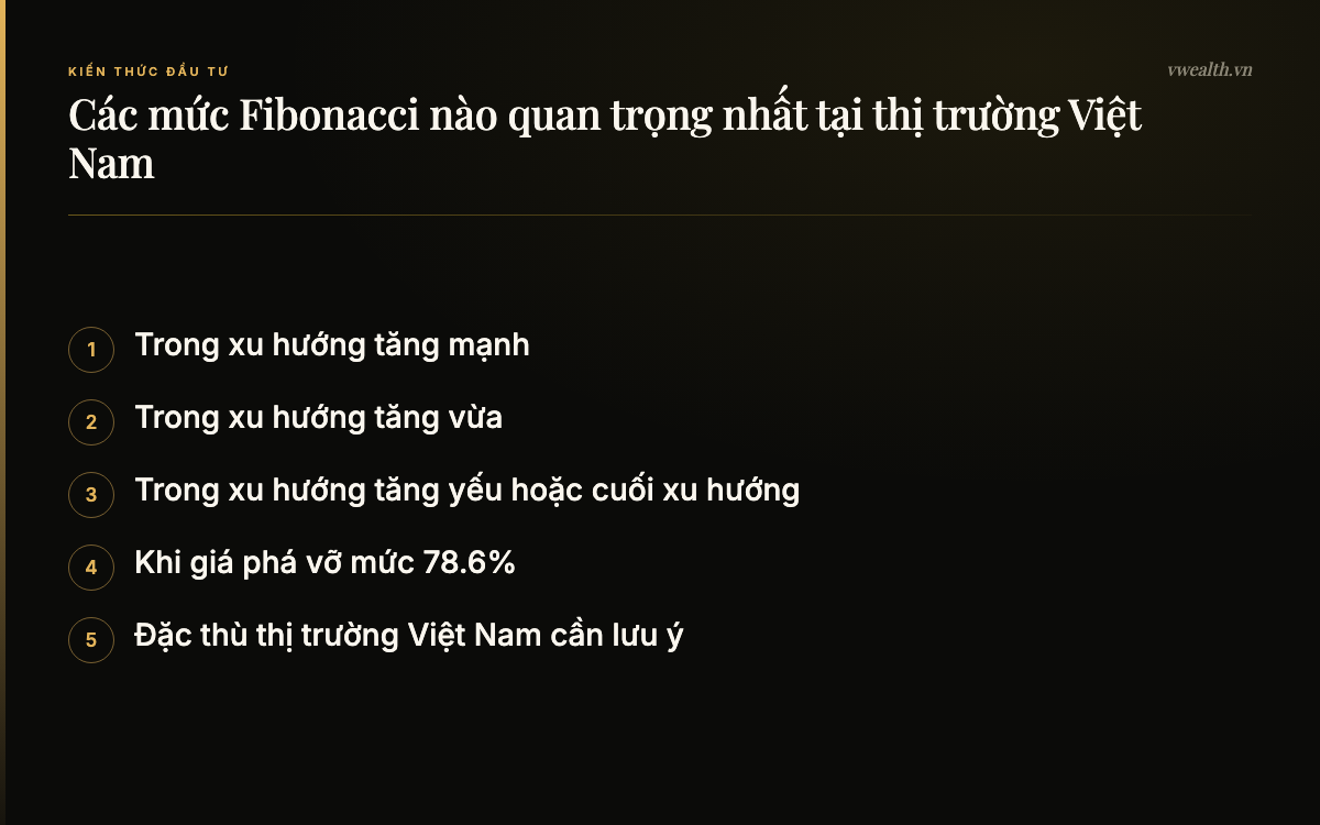 Các mức Fibonacci nào quan trọng nhất tại thị trường Việt…: Trong xu hướng tăng mạnh, Trong xu hướng tăng vừa, Trong xu hướng tăng yếu hoặc cuối…, Khi giá phá vỡ mức 78.6%