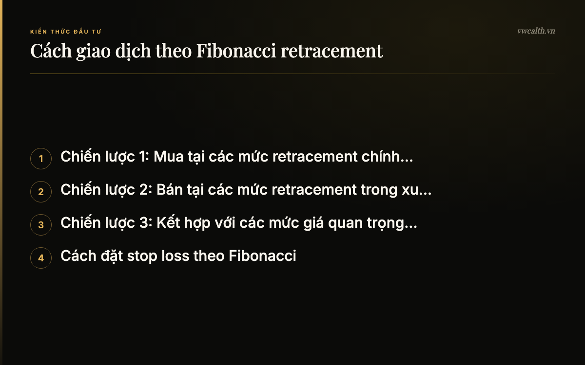 Cách giao dịch theo Fibonacci retracement: Chiến lược 1: Mua tại các mức…, Chiến lược 2: Bán tại các mức…, Chiến lược 3: Kết hợp với các mức…, Cách đặt stop loss theo Fibonacci