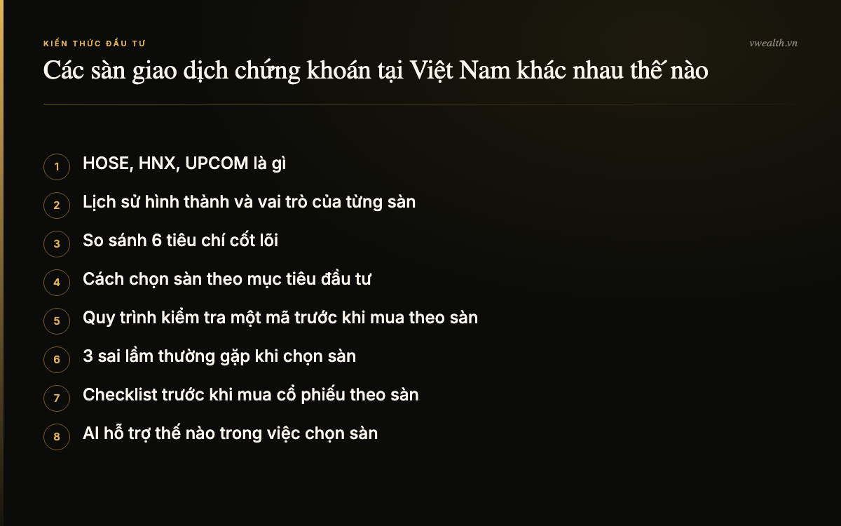 Các phần chính của bài: HOSE, HNX, UPCOM là gì, Lịch sử hình thành và vai trò của từng…, So sánh 6 tiêu chí cốt lõi, Cách chọn sàn theo mục tiêu đầu tư