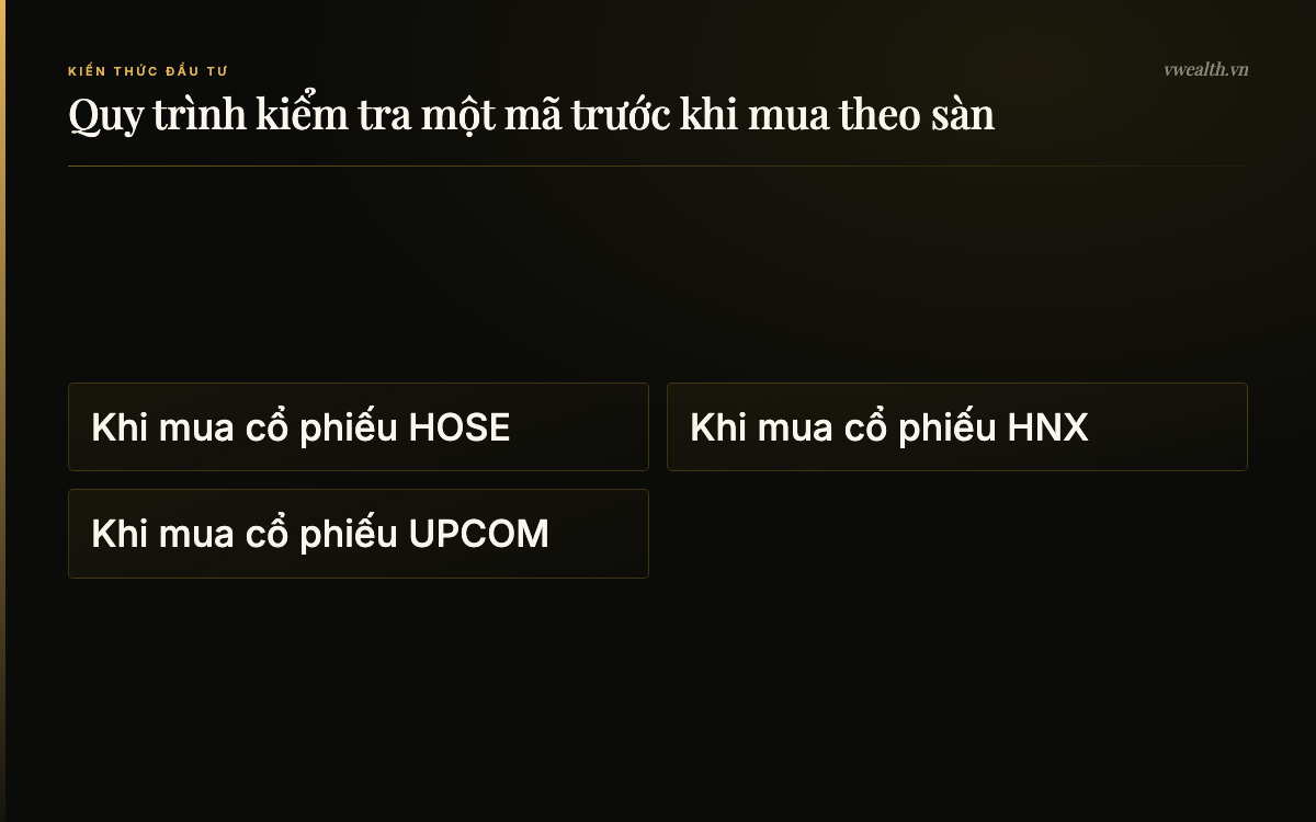 Quy trình kiểm tra một mã trước khi mua theo sàn: Khi mua cổ phiếu HOSE, Khi mua cổ phiếu HNX, Khi mua cổ phiếu UPCOM