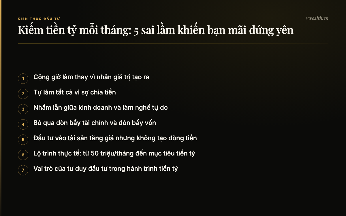 Các phần chính của bài: Sai lầm 1: Cộng giờ làm thay vì nhân…, Sai lầm 2: Tự làm tất cả vì sợ chia tiền, Sai lầm 3: Nhầm lẫn giữa kinh doanh và…, Sai lầm 4: Bỏ qua đòn bẩy tài chính và…