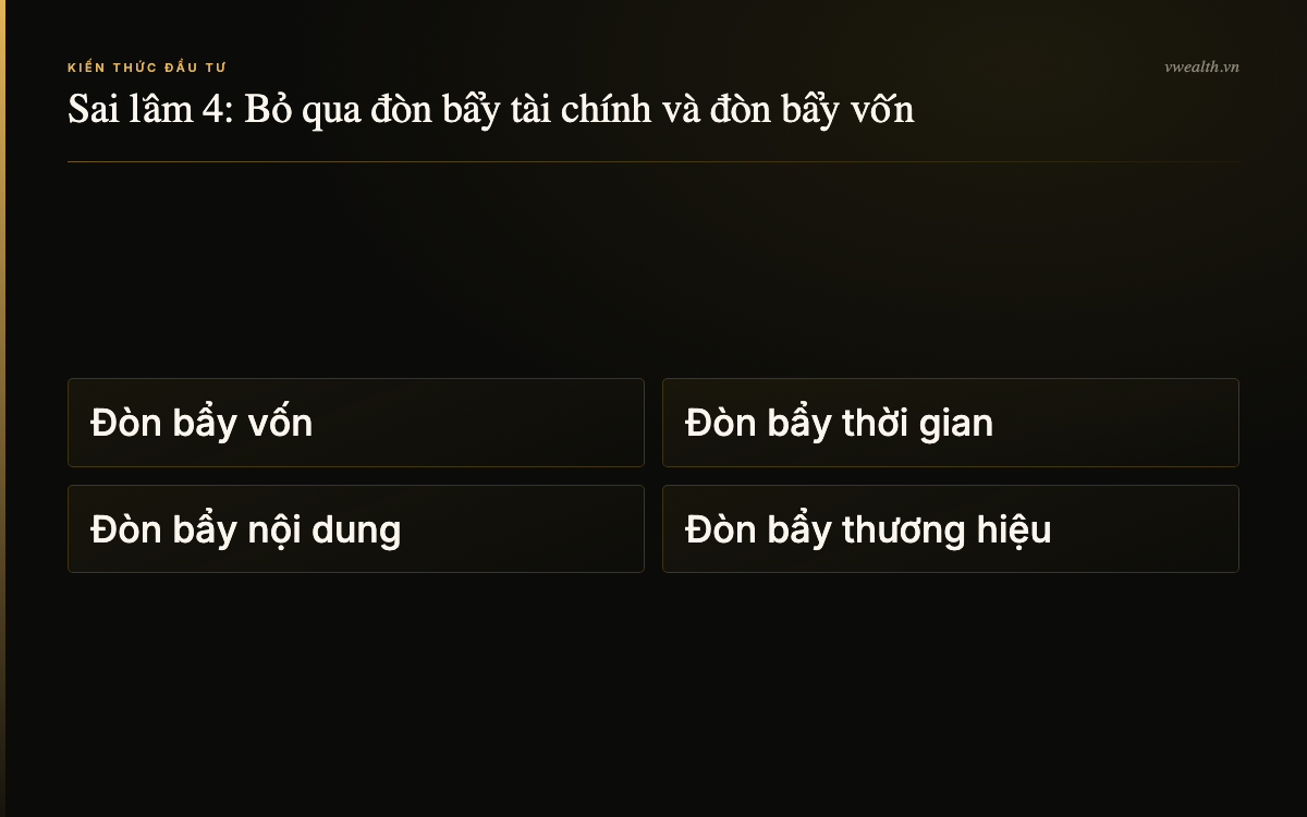 Sai lầm 4: Bỏ qua đòn bẩy tài chính và đòn bẩy vốn: Đòn bẩy vốn, Đòn bẩy thời gian, Đòn bẩy nội dung, Đòn bẩy thương hiệu