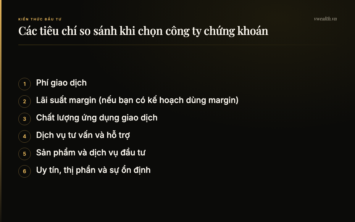Các tiêu chí so sánh khi chọn công ty chứng khoán: Phí giao dịch, Lãi suất margin…, Chất lượng ứng dụng giao dịch, Dịch vụ tư vấn và hỗ trợ