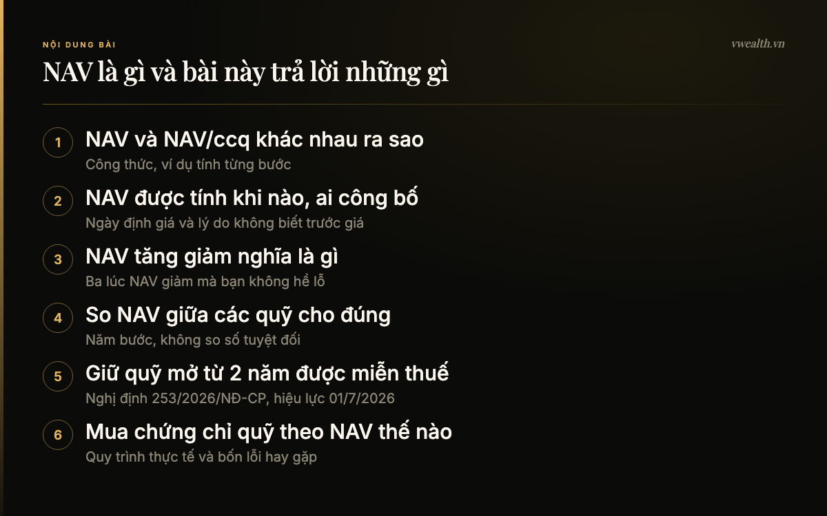 Nội dung bài NAV là gì: công thức, ngày định giá, đọc biến động, so quỹ, miễn thuế 2 năm, cách mua