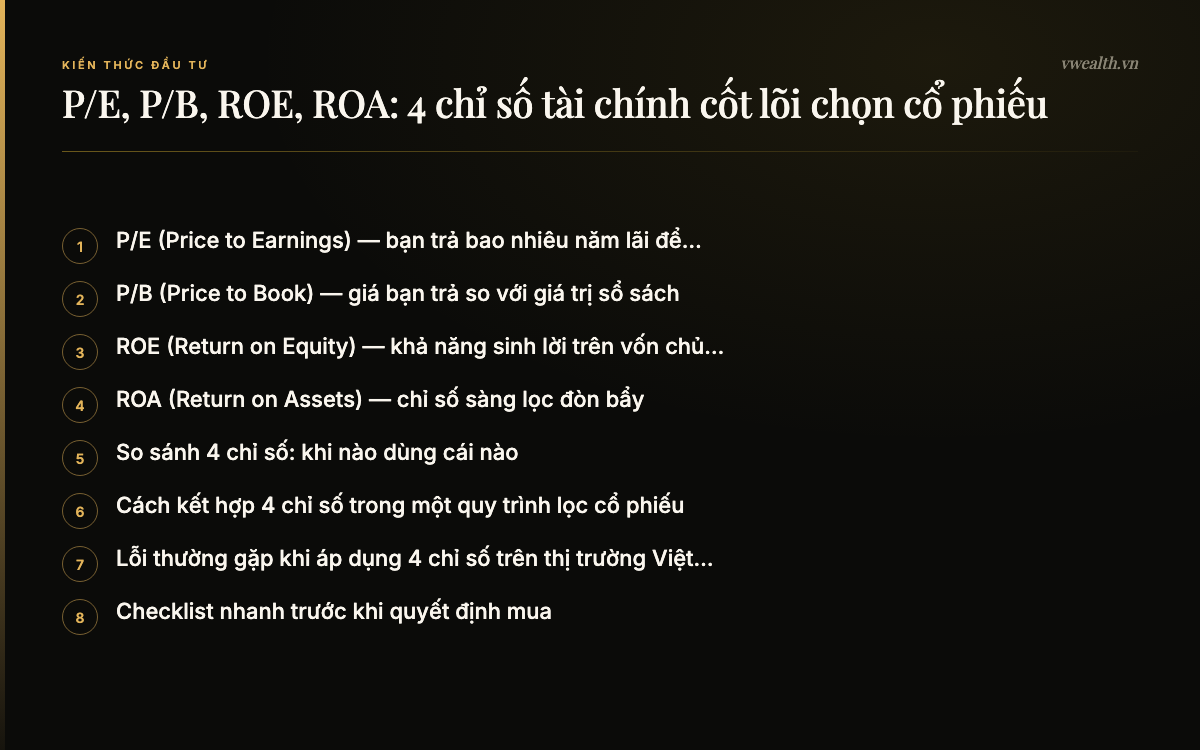Các phần chính của bài: P/E (Price to Earnings) — bạn trả bao…, P/B (Price to Book) — giá bạn trả so…, ROE (Return on Equity) — khả năng sinh…, ROA (Return on Assets) — chỉ số sàng…