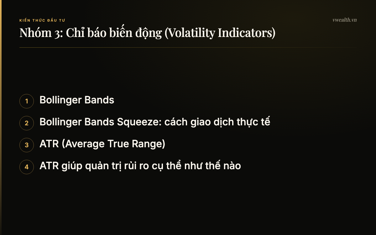Nhóm 3: Chỉ báo biến động (Volatility Indicators): Bollinger Bands, Bollinger Bands Squeeze: cách…, ATR (Average True Range), ATR giúp quản trị rủi ro cụ thể…