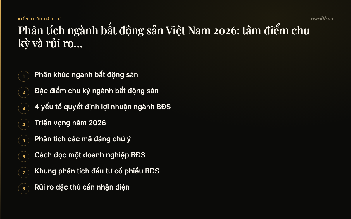 Các phần chính của bài: Phân khúc ngành bất động sản, Đặc điểm chu kỳ ngành bất động sản, 4 yếu tố quyết định lợi nhuận ngành BĐS, Triển vọng năm 2026