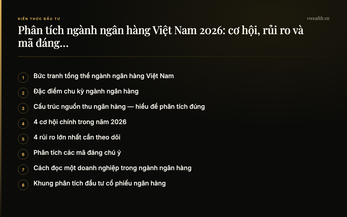 Các phần chính của bài: Bức tranh tổng thể ngành ngân hàng Việt…, Đặc điểm chu kỳ ngành ngân hàng, Cấu trúc nguồn thu ngân hàng — hiểu để…, 4 cơ hội chính trong năm 2026