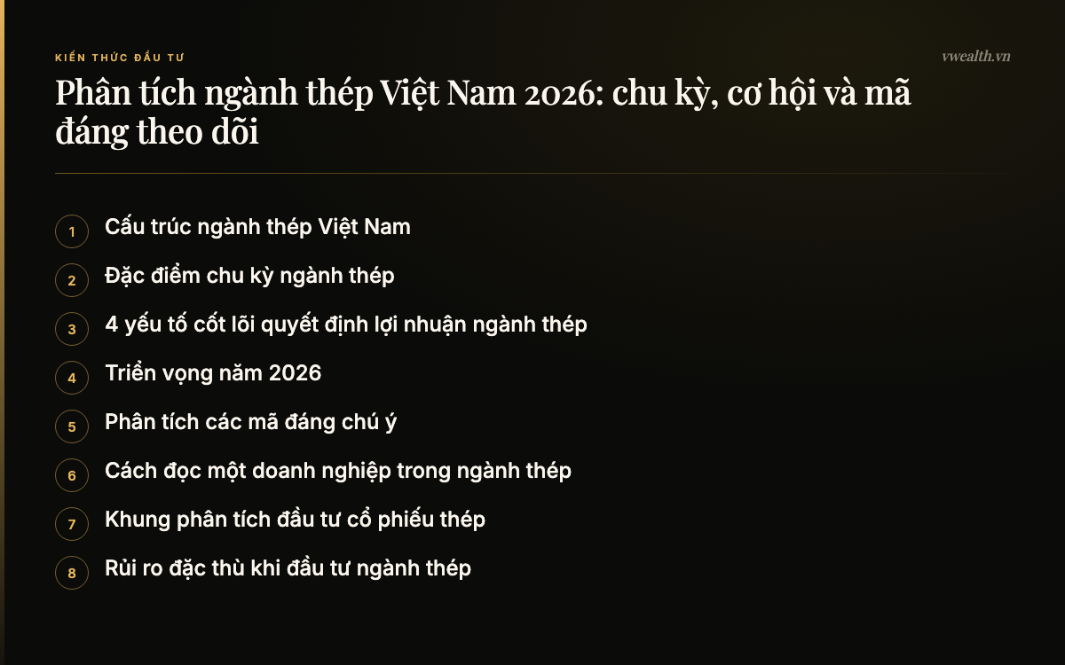 Các phần chính của bài: Cấu trúc ngành thép Việt Nam, Đặc điểm chu kỳ ngành thép, 4 yếu tố cốt lõi quyết định lợi nhuận…, Triển vọng năm 2026