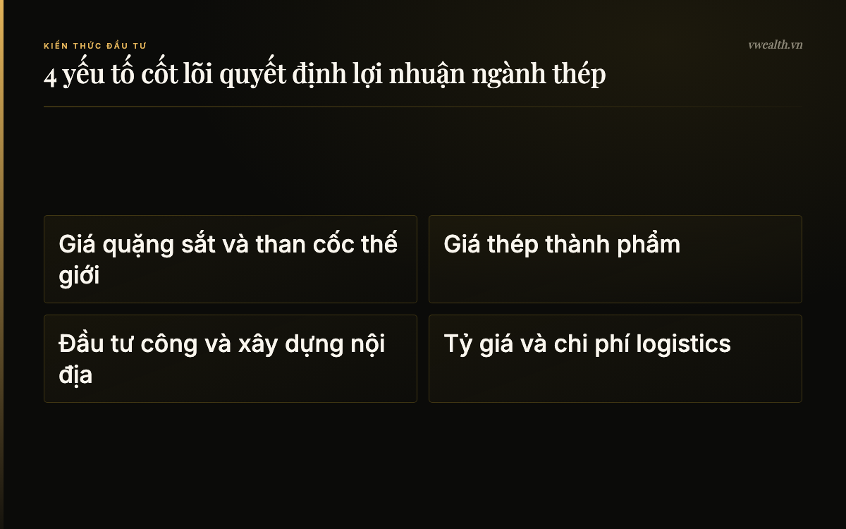 4 yếu tố cốt lõi quyết định lợi nhuận ngành thép: Giá quặng sắt và than cốc thế giới, Giá thép thành phẩm, Đầu tư công và xây dựng nội địa, Tỷ giá và chi phí logistics