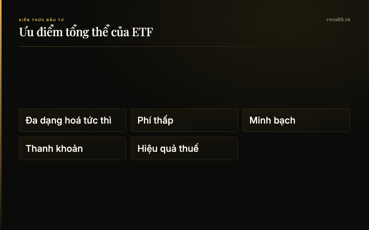 Ưu điểm tổng thể của ETF: Đa dạng hoá tức thì, Phí thấp, Minh bạch, Thanh khoản