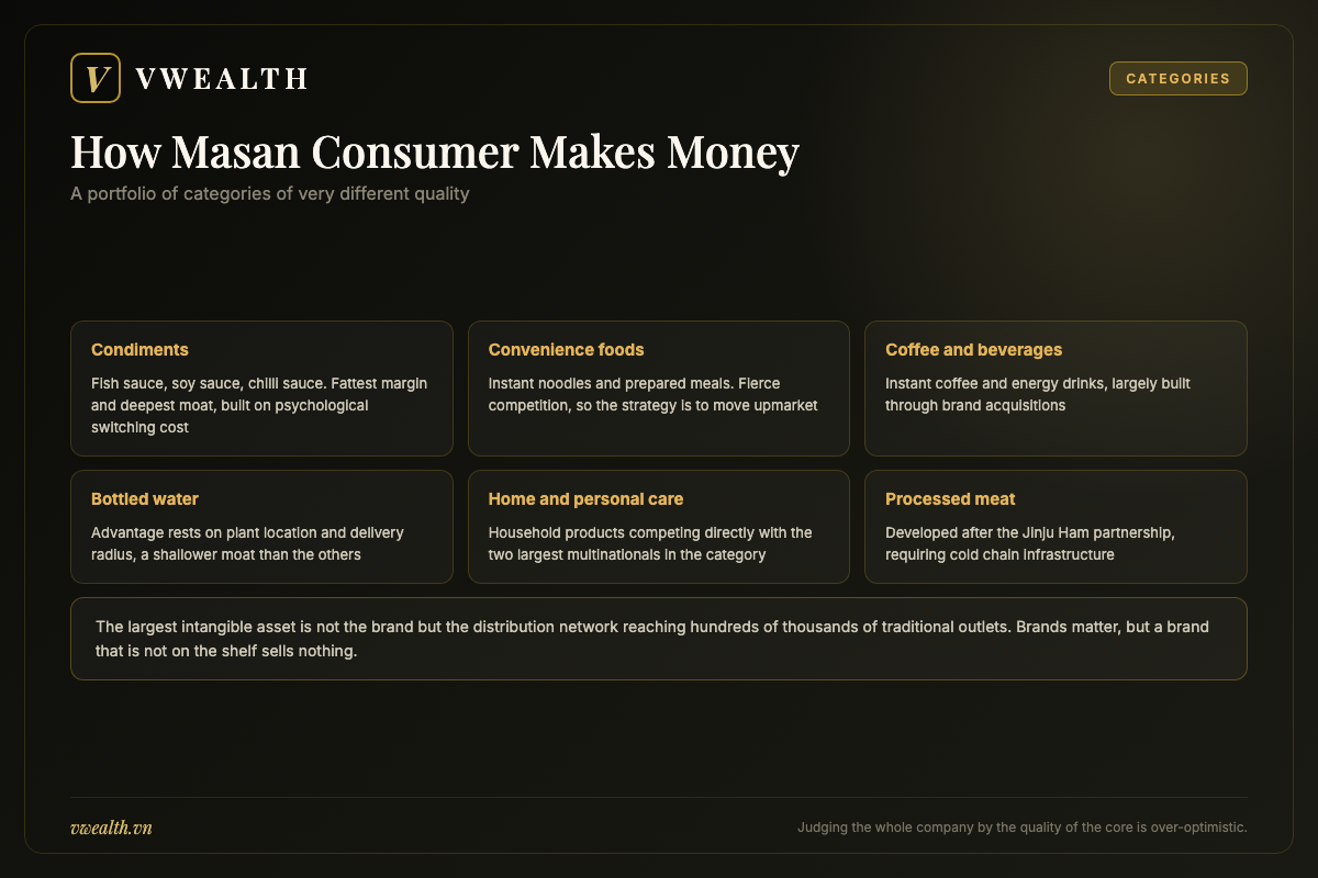 Diagram of Masan Consumer categories covering condiments, convenience food, coffee, bottled water and home care