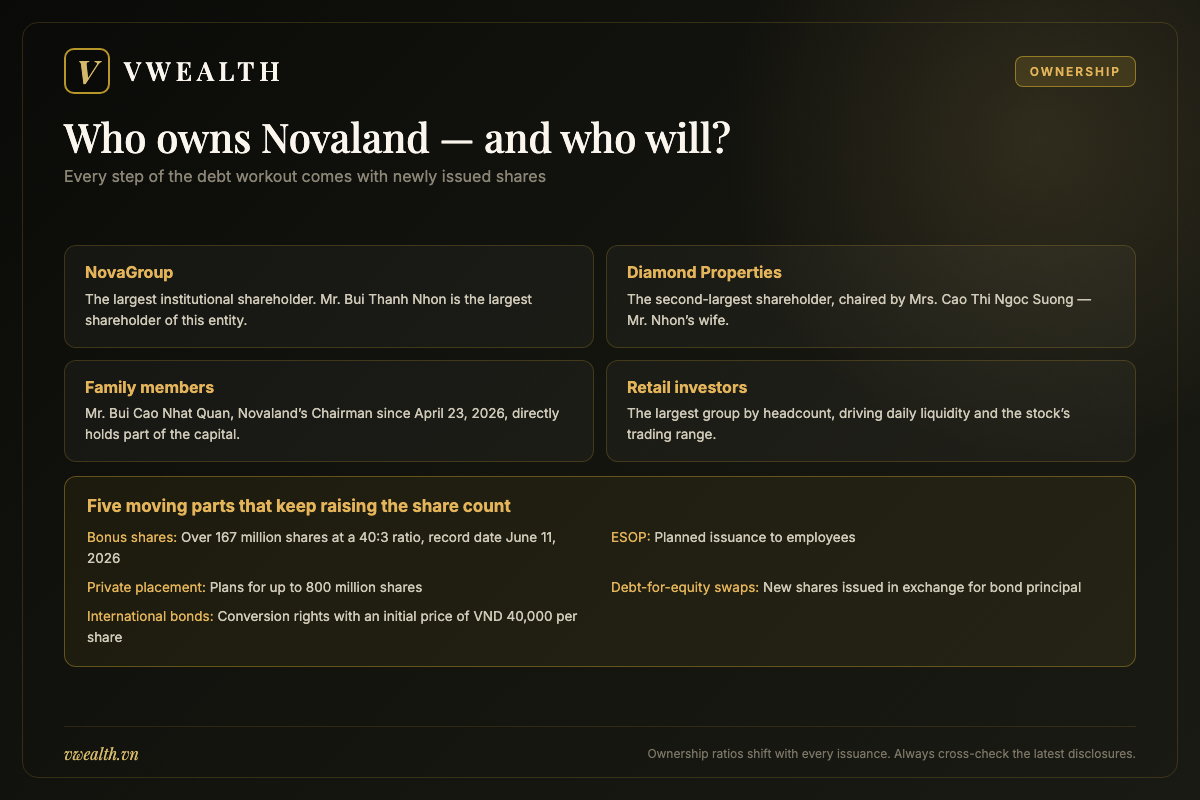 Novaland ownership structure: NovaGroup, Diamond Properties, family members and retail investors, plus five sources of new share issuance