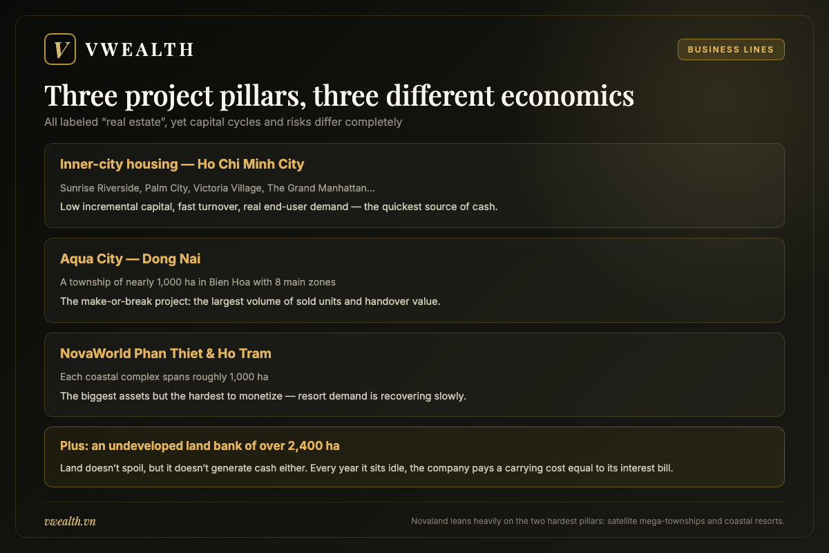 Novaland's three project pillars compared: inner-city housing in Ho Chi Minh City, Aqua City in Dong Nai and NovaWorld coastal resorts