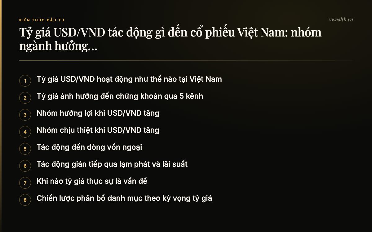 Các phần chính của bài: Tỷ giá USD/VND hoạt động như thế nào…, Tỷ giá ảnh hưởng đến chứng khoán qua 5…, Nhóm hưởng lợi khi USD/VND tăng, Nhóm chịu thiệt khi USD/VND tăng