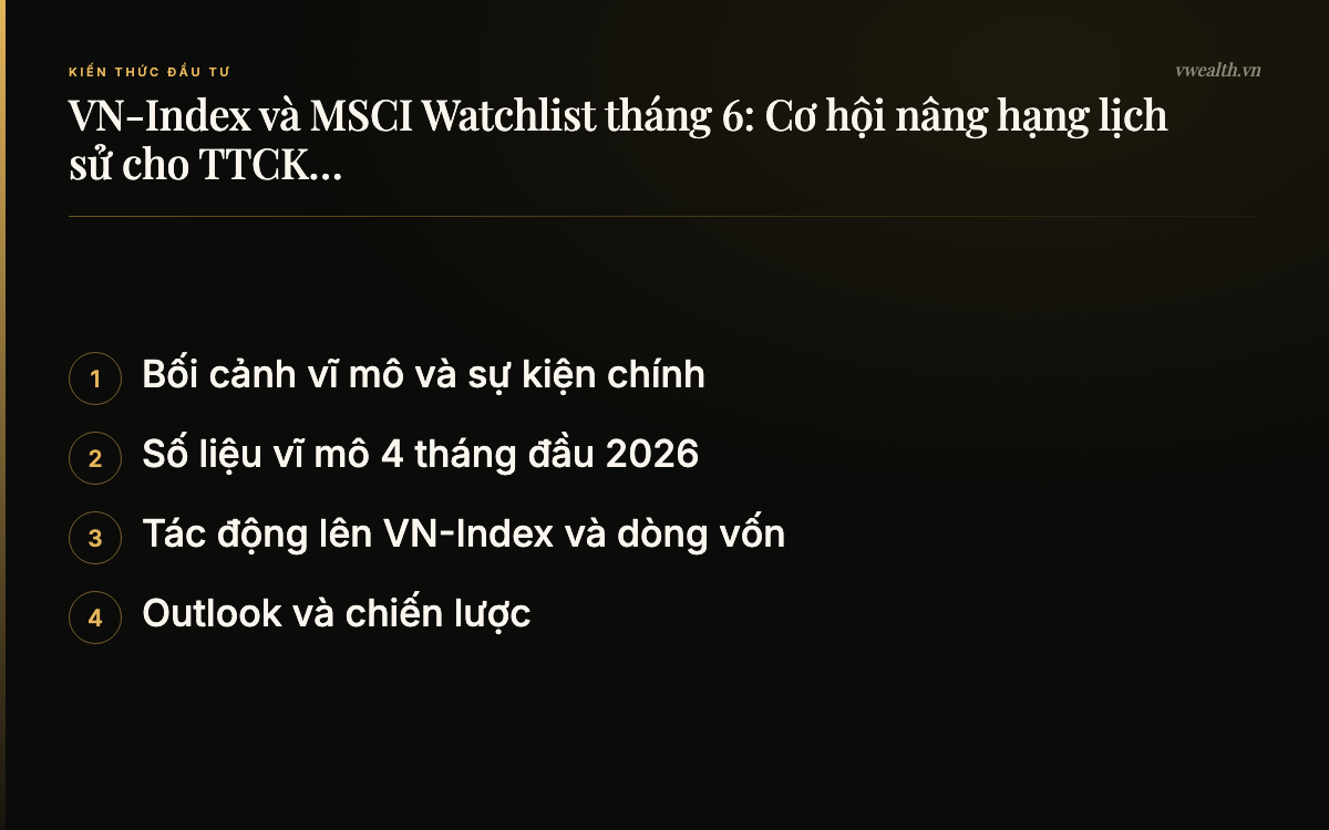 Các phần chính của bài: Bối cảnh vĩ mô và sự kiện chính, Số liệu vĩ mô 4 tháng đầu 2026, Tác động lên VN-Index và dòng vốn, Outlook và chiến lược