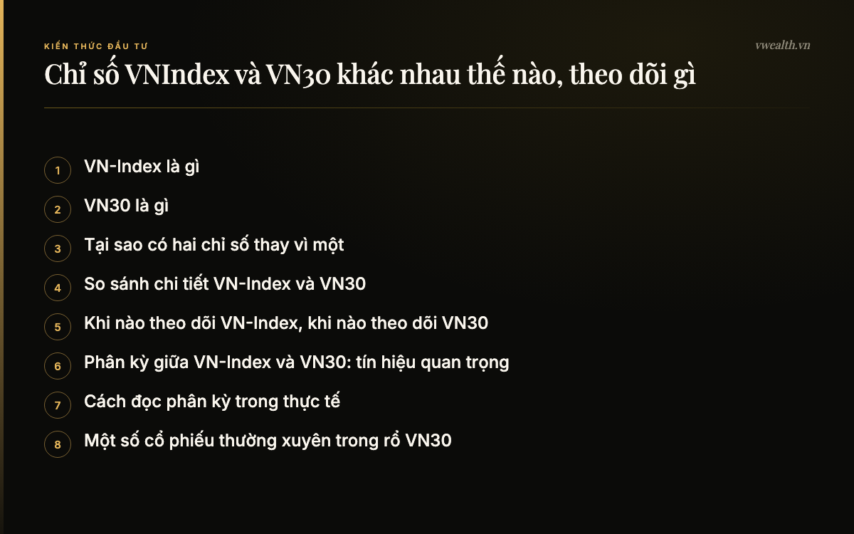 Các phần chính của bài: VN-Index là gì, VN30 là gì, Tại sao có hai chỉ số thay vì một, So sánh chi tiết VN-Index và VN30