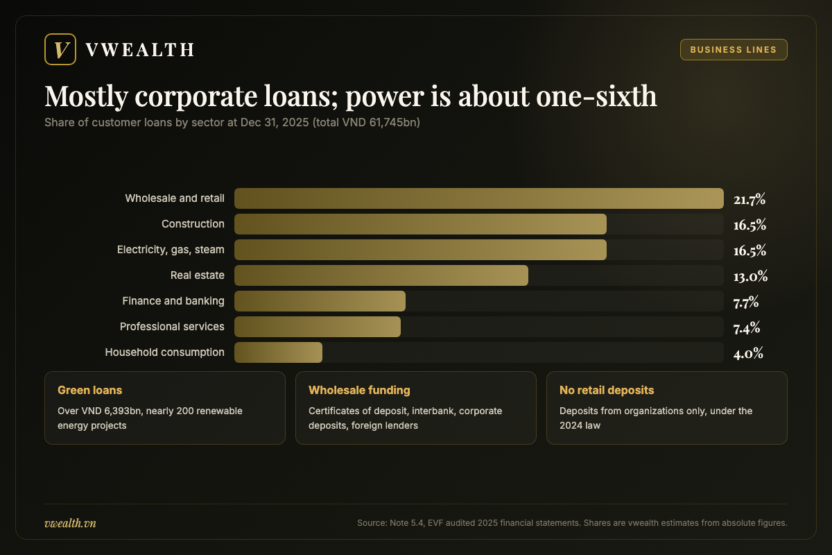 EVF loan book by sector in 2025: wholesale and retail, construction, electricity and gas, real estate, finance and household loans
