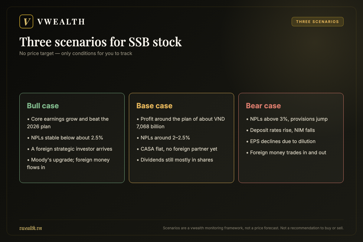 Bull, base and bear scenarios for SSB stock with the conditions required for each